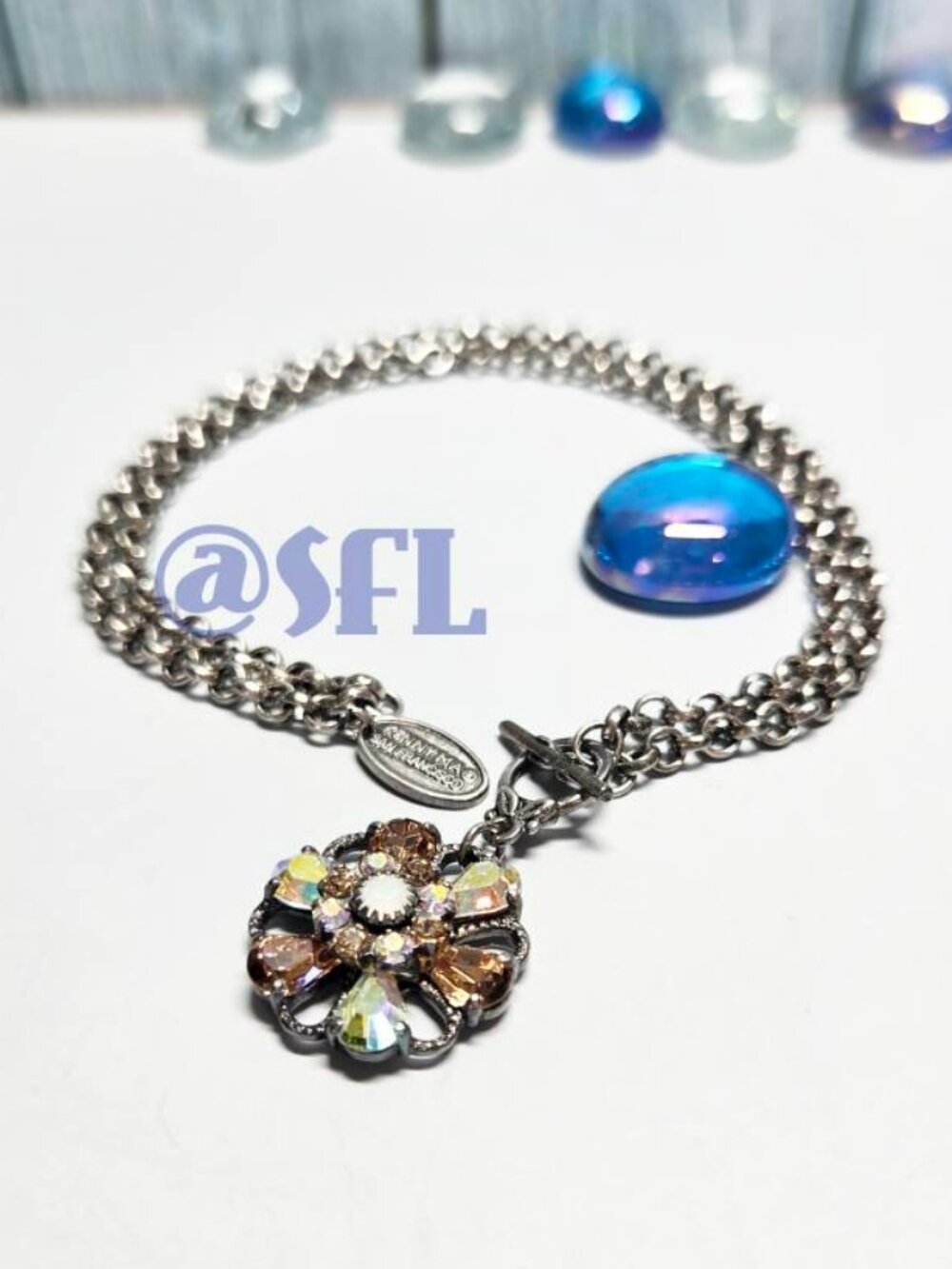 Kenny Ma San Fran Floral Necklace Pendant Brown Tone Crystals Anique Silver Tone